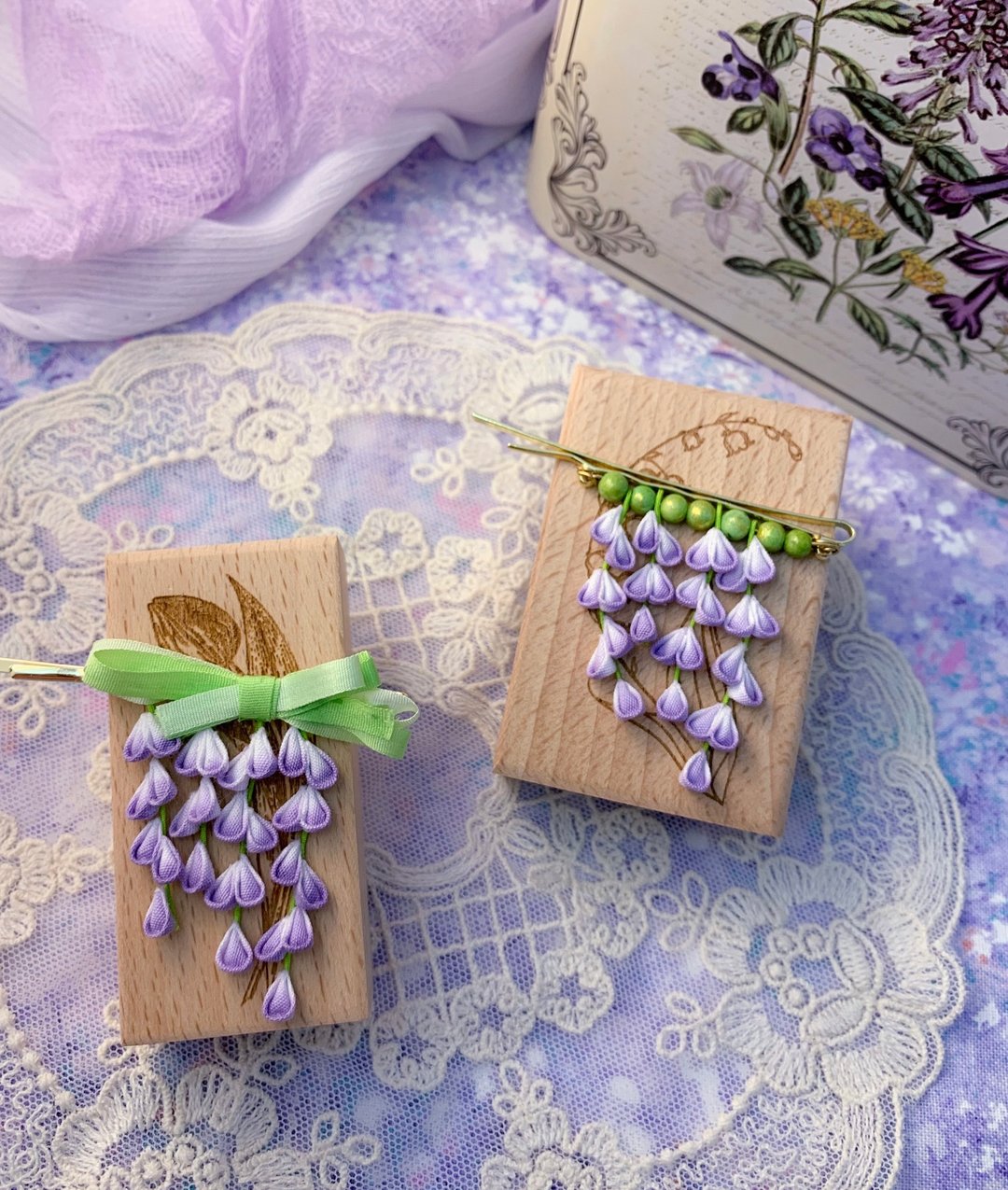 (紫藤 藤の花) 细工布花 一字发夹 花帘 紫色优雅 つまみ细工 - 发饰 - 棉．麻 紫色