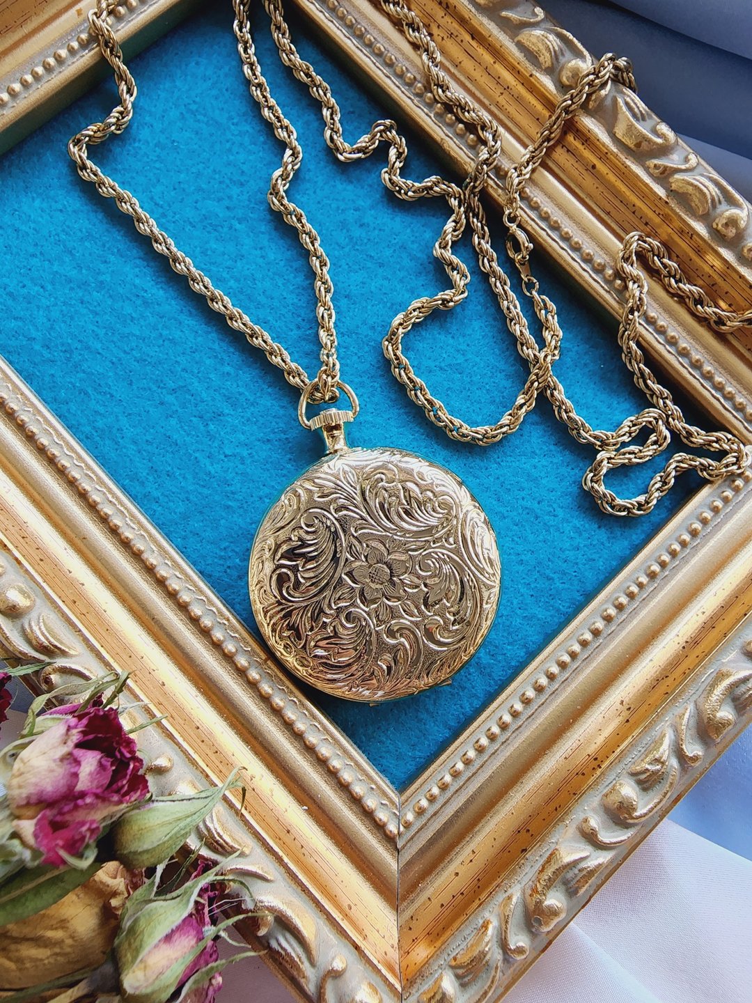 金绳麻花链藤羽卷怀表LOCKET项链/长链/美国西洋古董饰品 - 长链 - 其他金属 