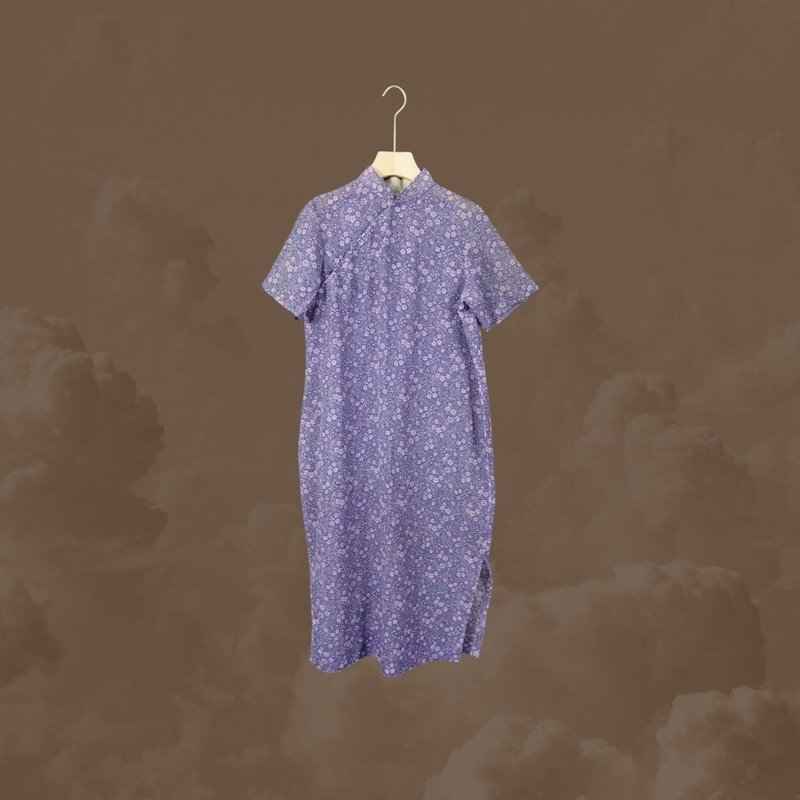 二手 薰衣草紫色 碎花 薄款 古董订制 短袖 旗袍 CA1125 - 洋装/连衣裙 - 聚酯纤维 紫色