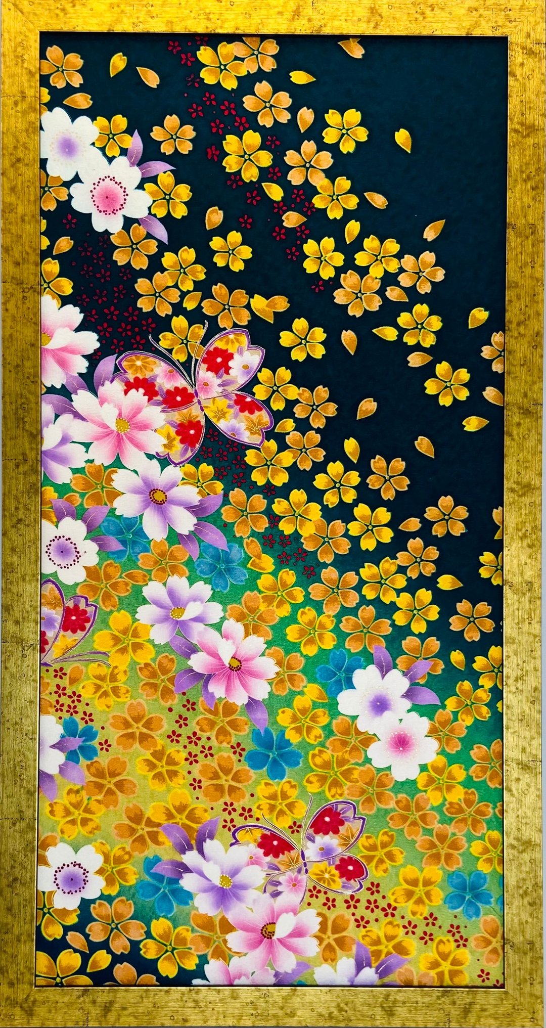 花云 — 绿底黄樱与花蝶 手工职人和服框画 - 墙贴/壁贴 - 其他材质 黄色