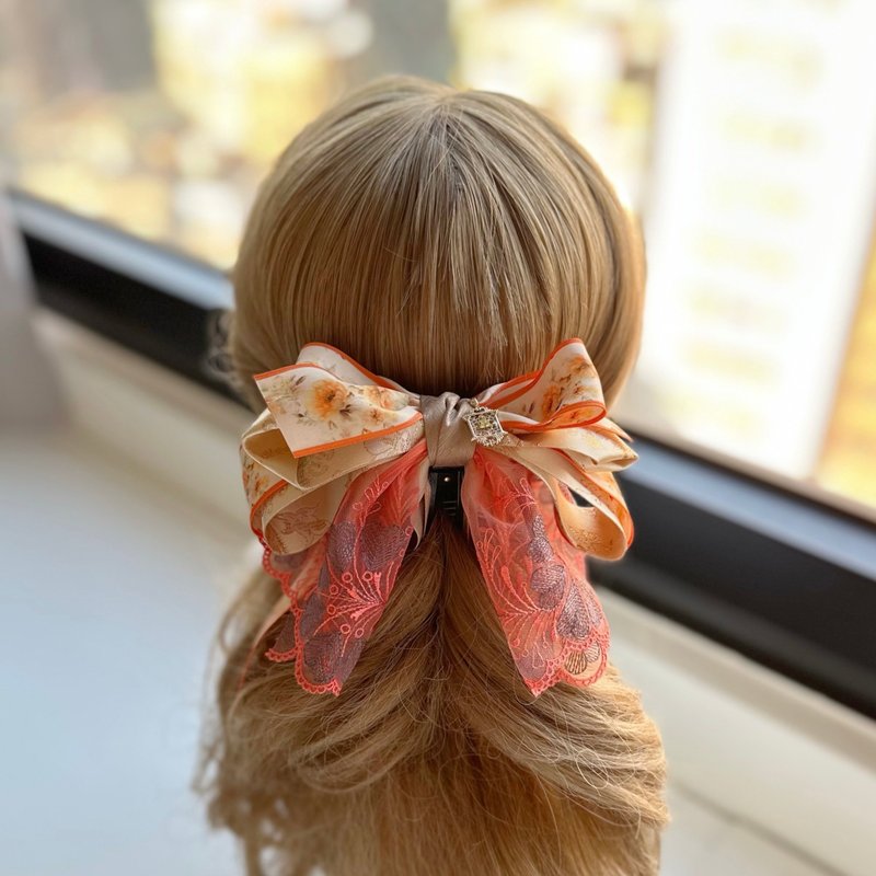 独家蕾丝花边蝴蝶结相交夹香蕉夹仙女夹发夹-橘色 - 发饰 - 其他材质 橘色