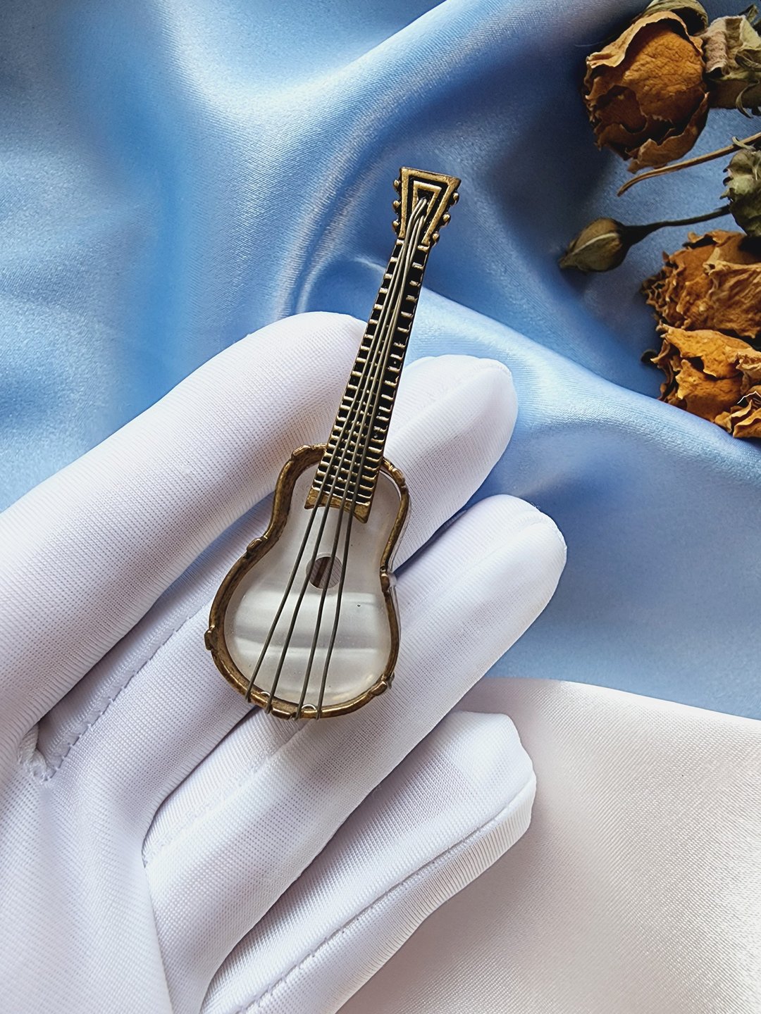 美国西洋古董饰品 / 西班牙制大马士革工艺吉他乐器胸针/别针 - 胸针 - 其他金属 