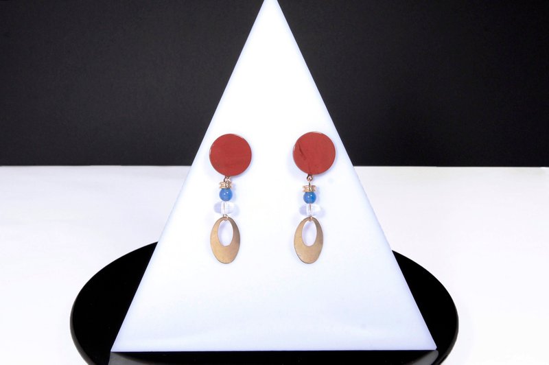 复古砖红与蓝的对比耳环 - 耳环/耳夹 - 其他金属 红色