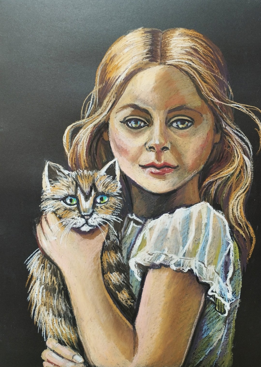 有小猫的女孩，儿童画自然粉彩画美丽的女孩艺术 - 墙贴/壁贴 - 纸 咖啡色
