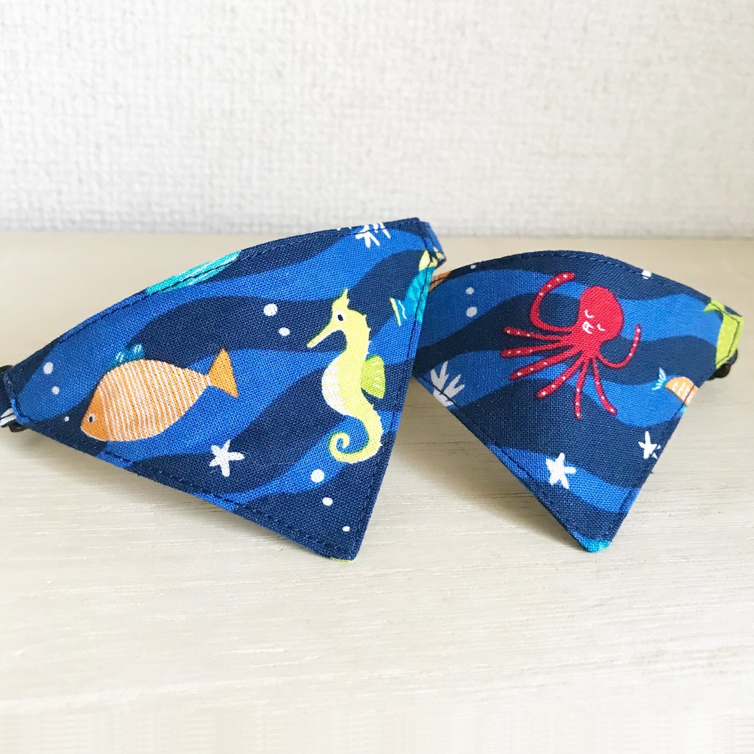 Under the Sea Pattern Cat Bandana Collar Safety Buckle Safety Collar - 项圈/牵绳 - 棉 蓝色