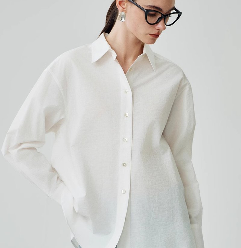 【SUPIMA匹马棉】法式簡約/微皱肌理感/长袖衬衫 - 女装衬衫 - 棉．麻 白色