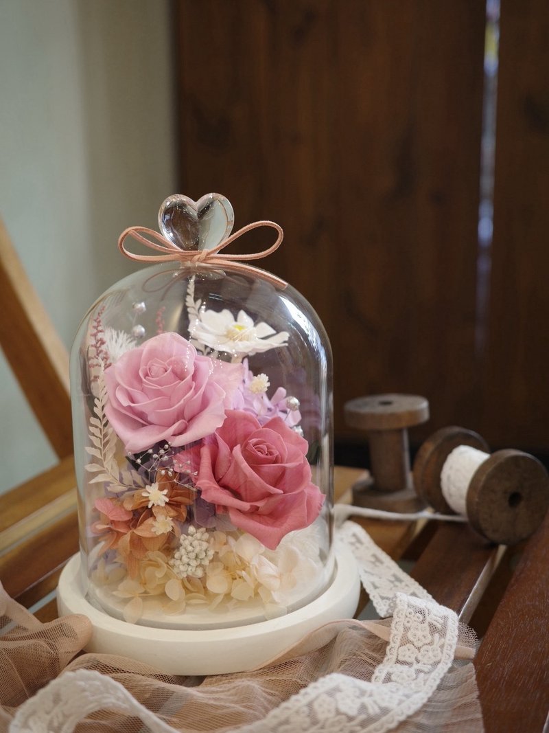 【遇见恒久】粉恋时刻永生玫瑰玻璃罩 无灯含盒 - 干燥花/捧花 - 植物．花 