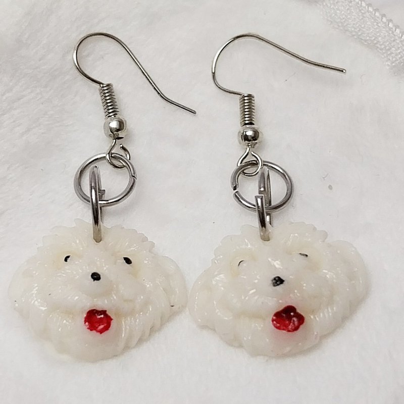 耳环 狗狗造型耳环 白色 手工制作 - 耳环/耳夹 - 粘土 白色