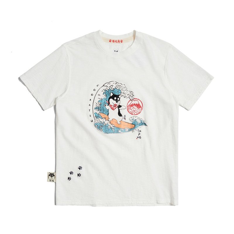 江户胜 日系 男装 胜太郎系列 黑丸冲浪短袖T恤(米白色) #上衣 - 男装上衣/T 恤 - 棉．麻 白色