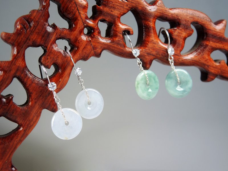 母亲节礼盒定制化礼物-但愿人长久-古典雅韵缅甸玉A货平安扣925纯 - 耳环/耳夹 - 宝石 白色