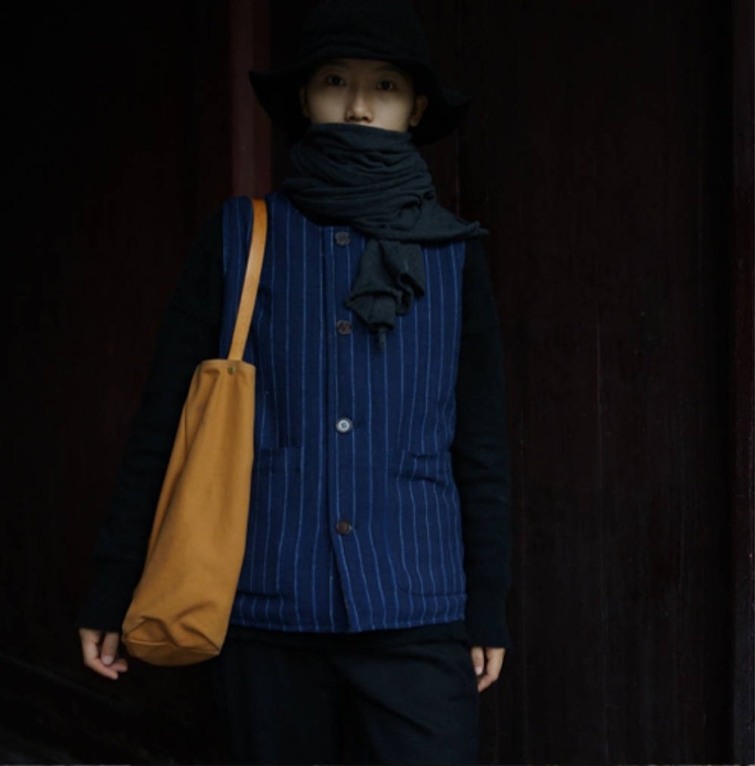 復古 藍色條紋 白色棉布 灰色老土布細格織布 夾棉馬甲短夾克外套 - 女装休闲/机能外套 - 棉 蓝色