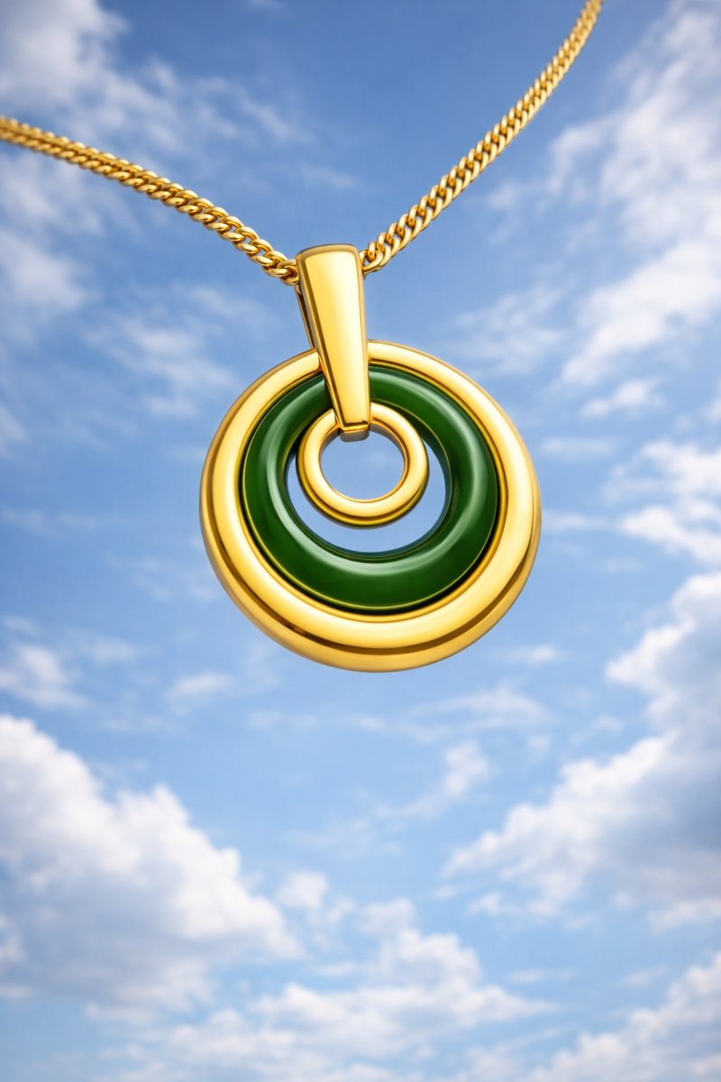 三环一生 玉 坠子 天然碧玉 3mm 玉环 A 货 925 纯银 镀金项链 - 项链 - 玉石 绿色