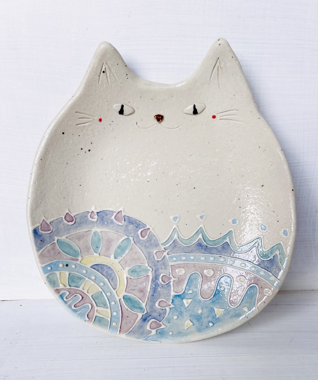 cat dish that draws a pattern of Light blue geometric - 盘子/餐盘/盘架 - 陶 蓝色