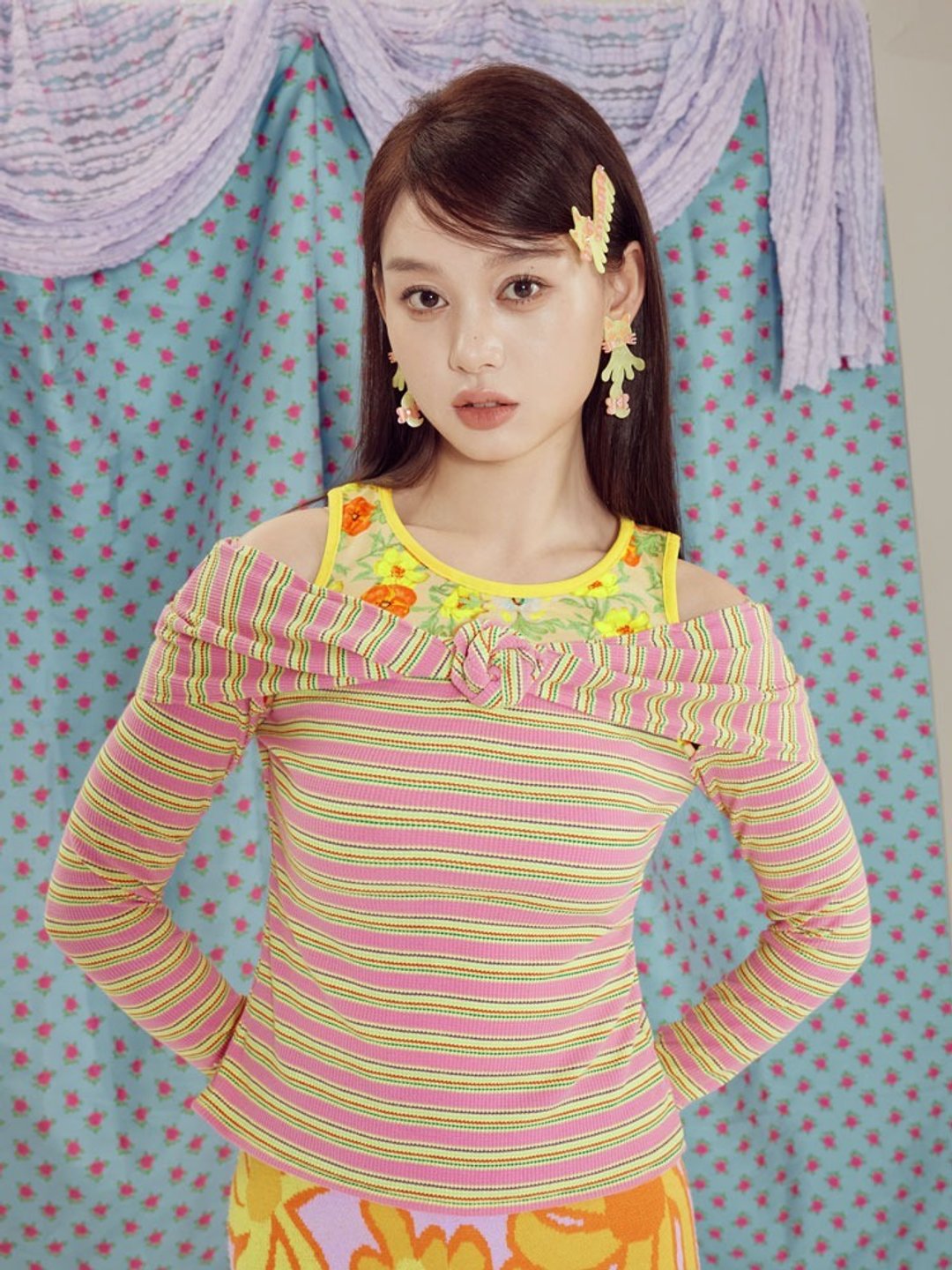 展示品 花卉条纹 削肩风格上衣 - 女装 T 恤 - 其他材质 橘色