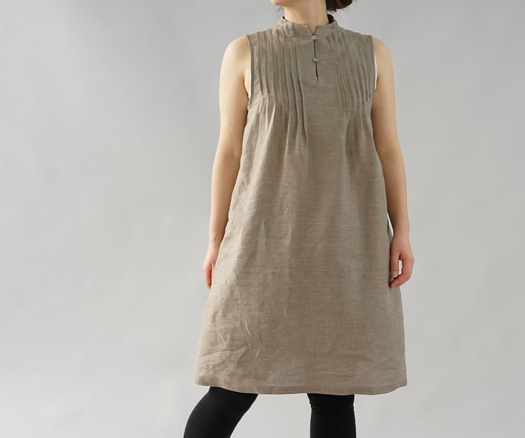 wafu - 純亞麻衬裙 Lightweight Linen High-neck Inner Dress / Hazelnut p001a-hbm1 - 洋装/连衣裙 - 亚麻 卡其色