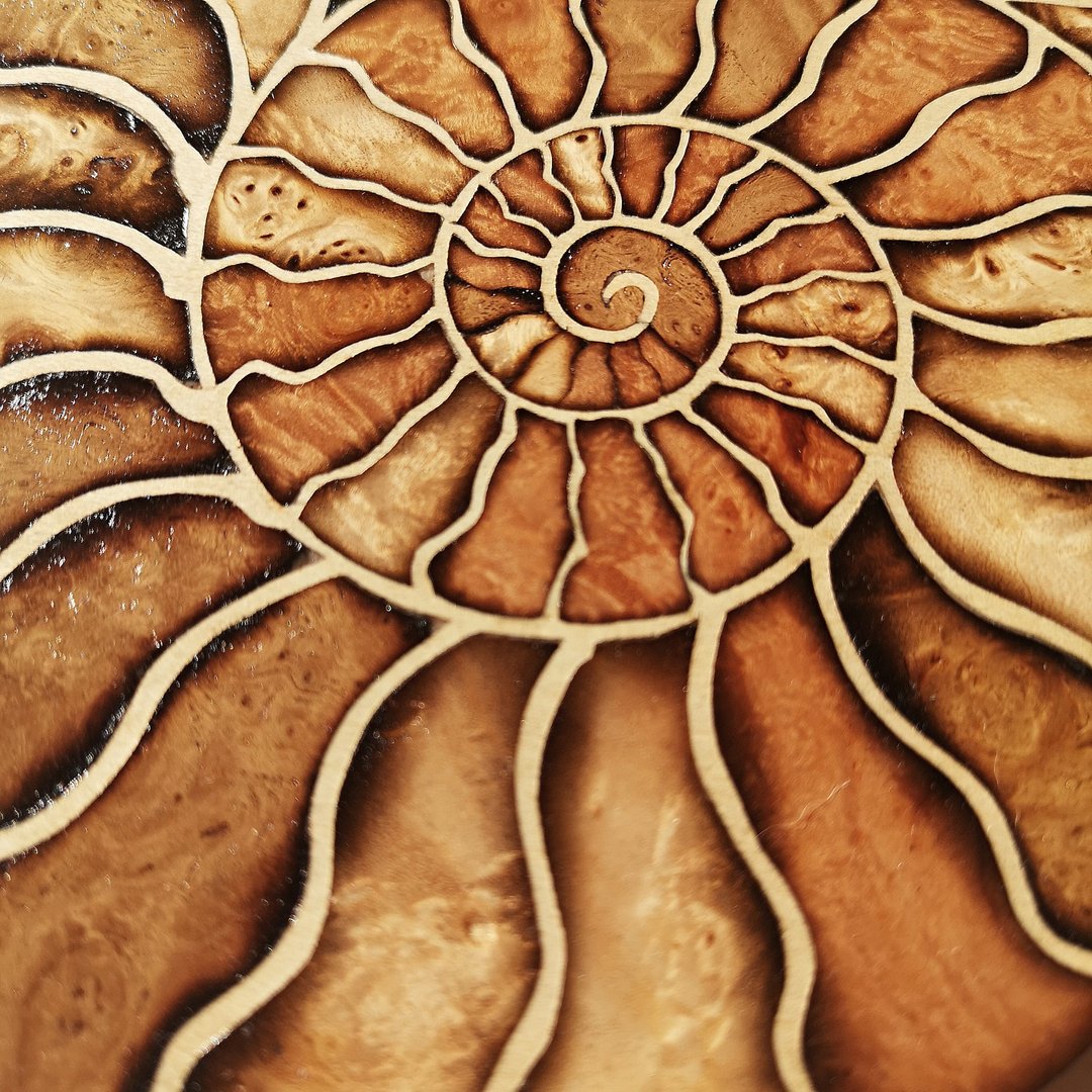 Ammonite wooden mosaics home decor, fossil lover gift, shell marquetry - 墙贴/壁贴 - 木头 多色