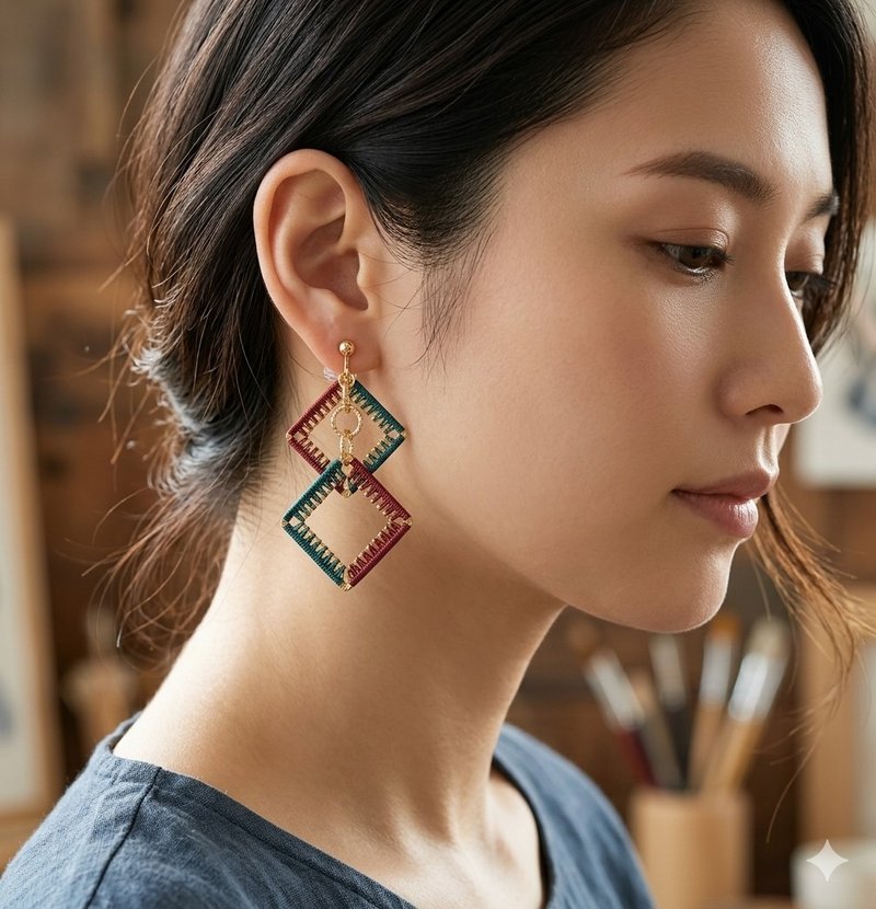 独特的菱形朱红色和蓝色几何耳环 - 耳环/耳夹 - 铜/黄铜 多色
