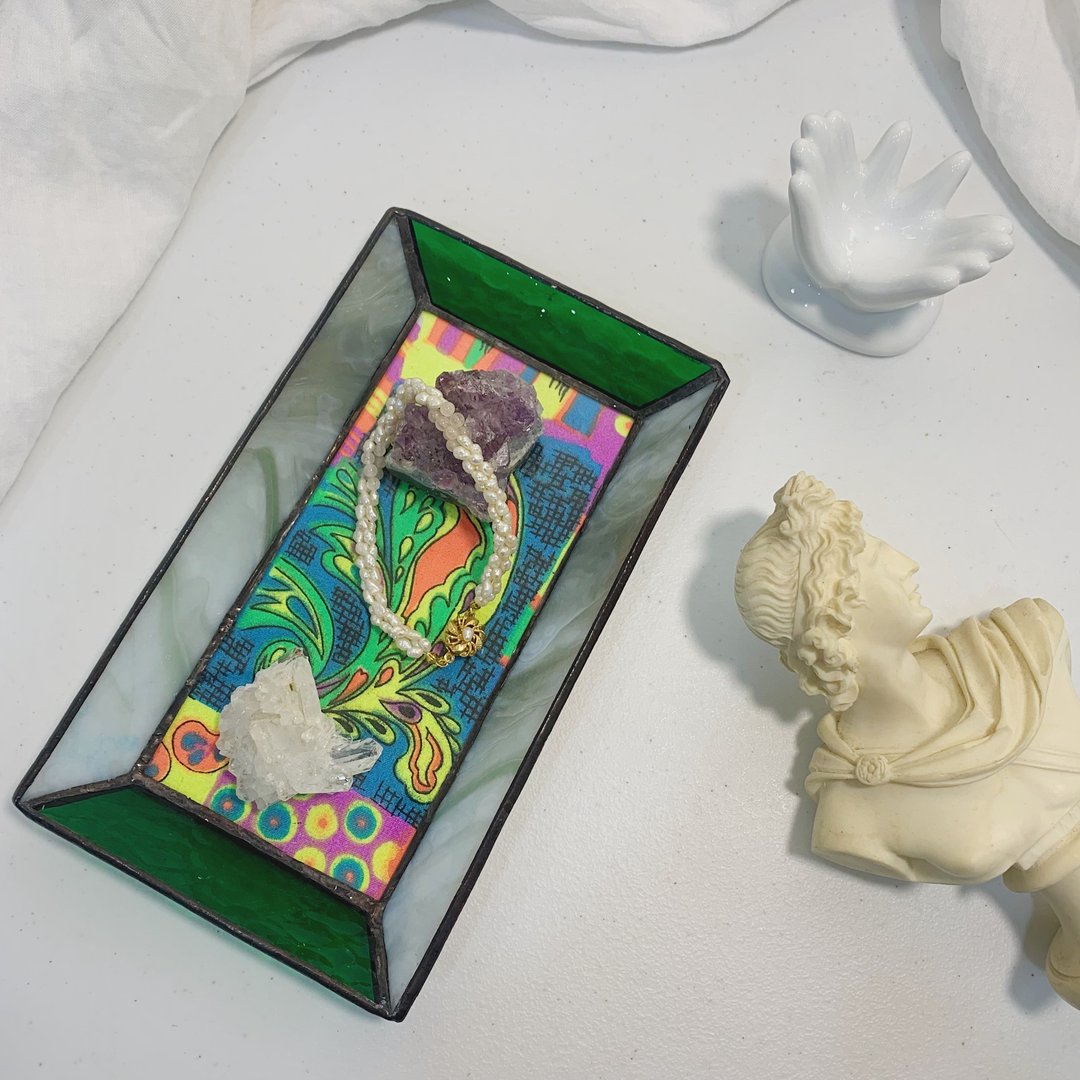 镶嵌玻璃 美国手工玻璃 x 香港古布 变形虫 图案 置物盘 饰品盘 - 收纳用品 - 玻璃 