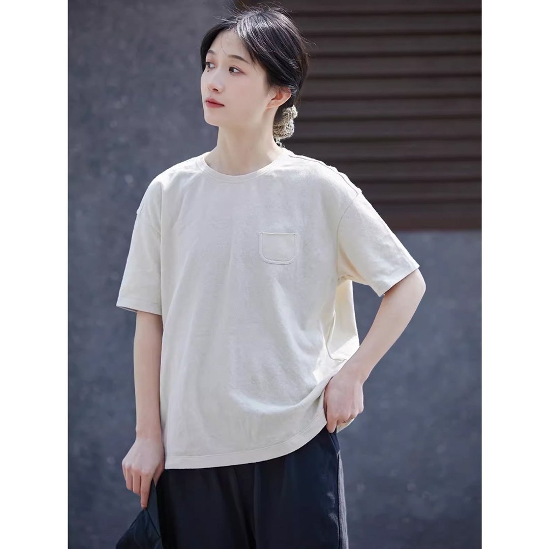 玉乳白休闲柔软透气针织T恤 - 女装 T 恤 - 棉 