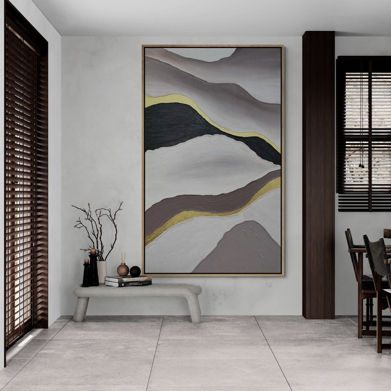 大型抽象白色蓝绿油画布原画 - 墙贴/壁贴 - 棉．麻 卡其色