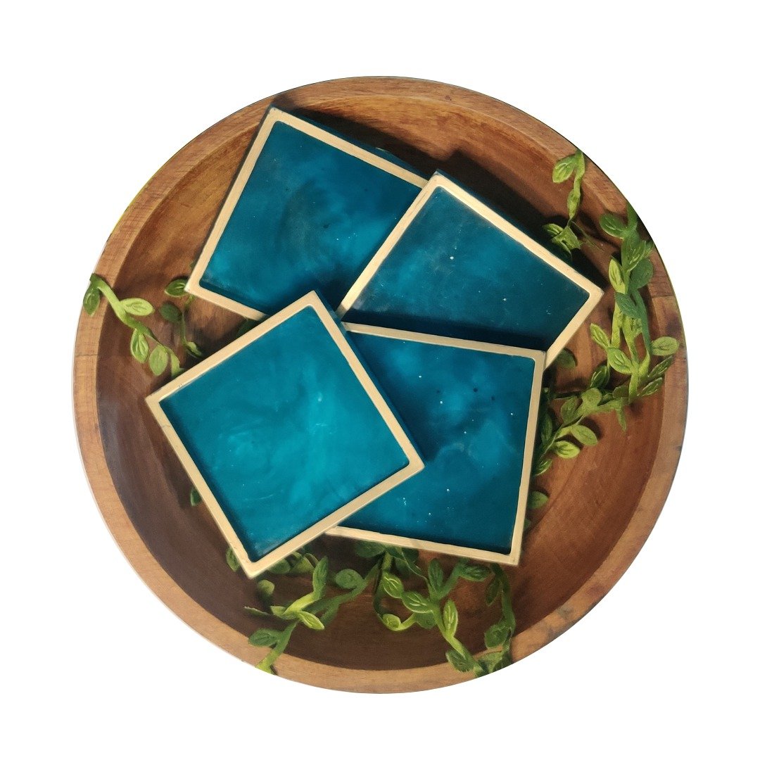 Teal blue square coasters handmade luxe - 餐桌/书桌 - 树脂 