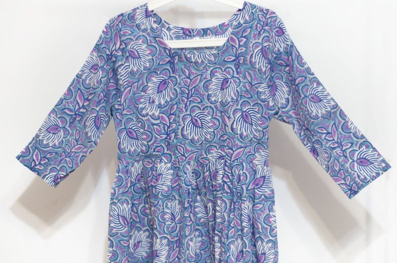 女装 木刻印纯棉洋装 印度棉有机棉连衣裙 手工盖印连身裙-蓝紫花 - 洋装/连衣裙 - 棉．麻 多色