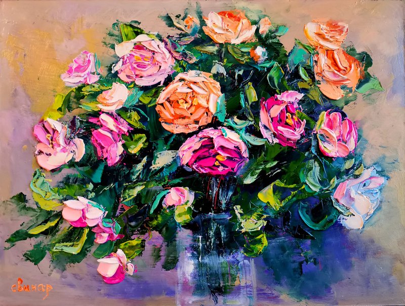粉红黄玫瑰花束花瓶油画厚涂原创艺术家Svinar - 其他 - 其他材质 多色