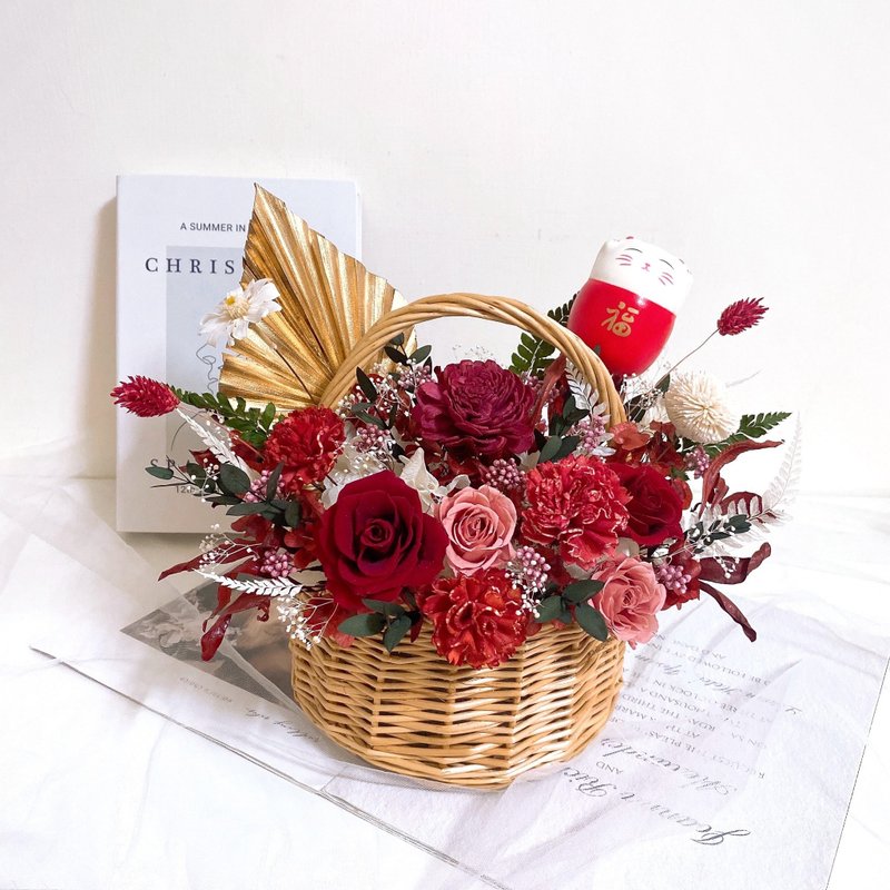 永生花招财猫提篮盆栽 开运干燥花摆件 - 干燥花/捧花 - 植物．花 红色