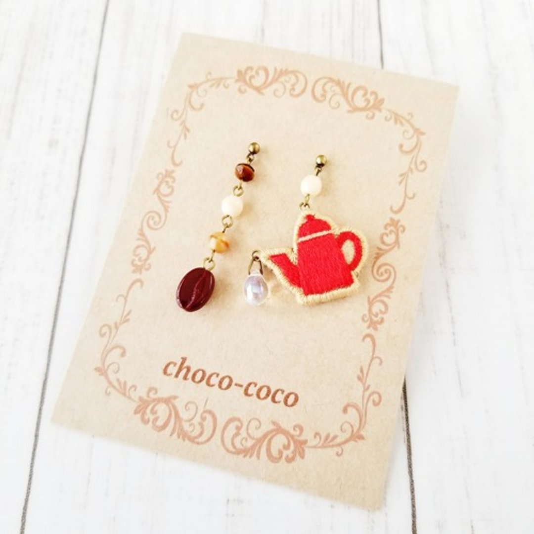cafe earrings, Clip-On, coffee pot, red - 耳环/耳夹 - 棉 红色