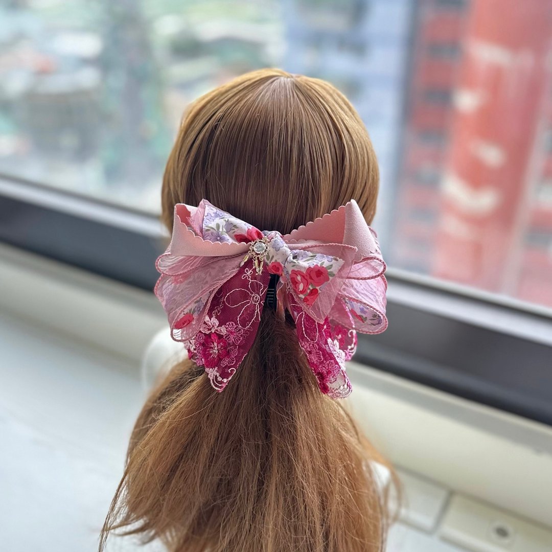 皱折纱蕾丝蝴蝶结相交夹香蕉夹仙女夹发夹-桃粉色 - 发饰 - 其他材质 粉红色