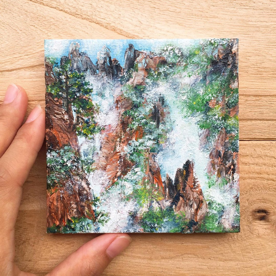 中式山水- 原作厚涂油画 | 中国风高山云雾风景 | 迷你艺术收藏 - 海报/装饰画/版画 - 棉 
