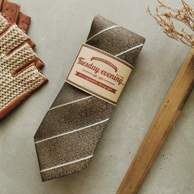 Necktie Gold Brown with Cream Vanilla Stripe | 8cm - 领带/领带夹 - 聚酯纤维 咖啡色