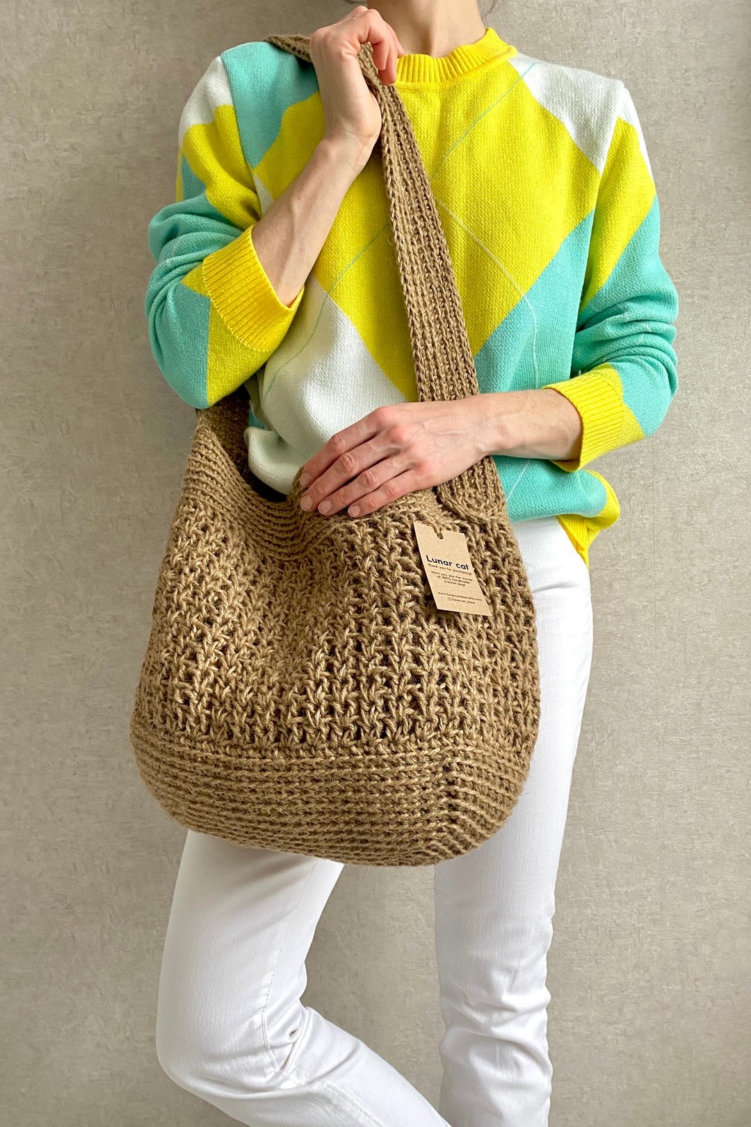 Crochet Jute Bag XXL, Crochet Tote Bag, Crochet Shoulder Jute Bag, Reusable Bag - 手提包/手提袋 - 环保材料 咖啡色
