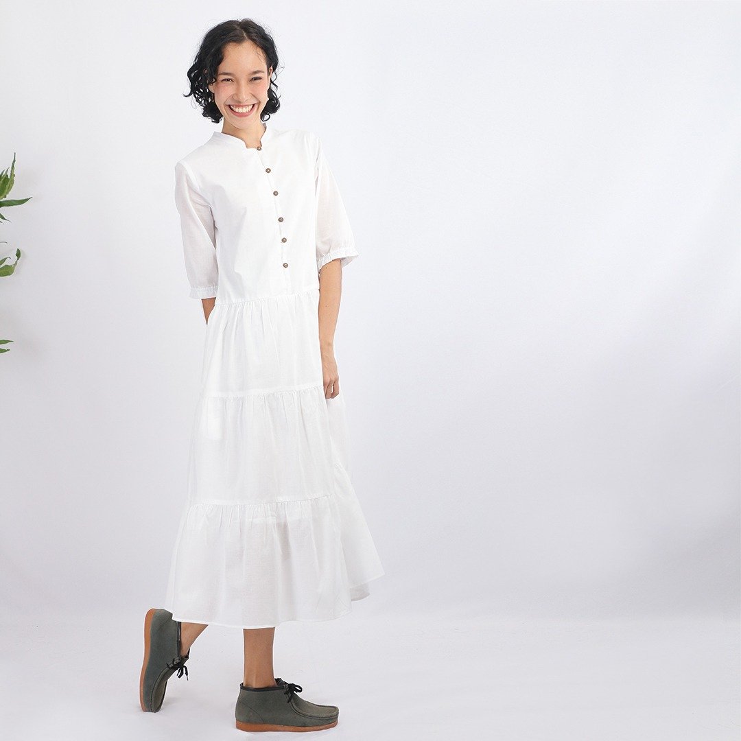Cotton Midi Dress, Vipa, White - 洋装/连衣裙 - 棉 白色