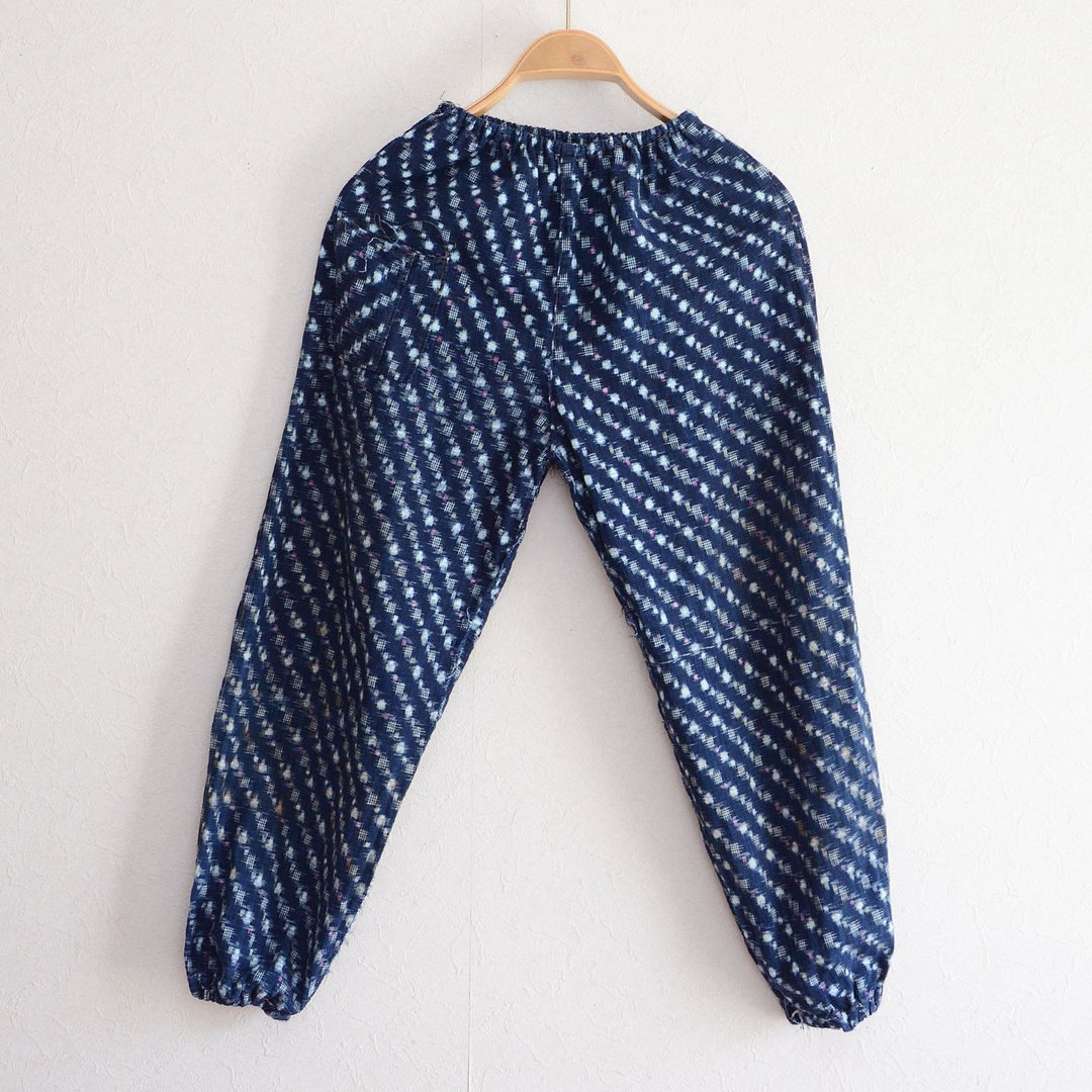 もんぺ裤．松紧腰．农家服．工作裤．蓝染．古布．纯棉．絣织．日本古着．昭和复古．改造素材．手工 - 女装长裤 - 棉 蓝色