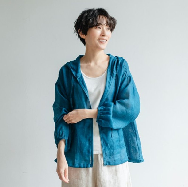 清爽亚麻薄外套 连帽设计 休闲风格 透气舒适 孔雀青 230613-6 - 女装上衣 - 棉．麻 