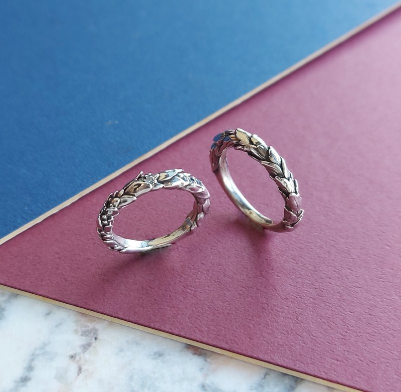 +花叶相依+ 精致雕花浮雕对戒 925纯银饰戒指 可换钻色订制戒围 - 对戒 - 纯银 银色