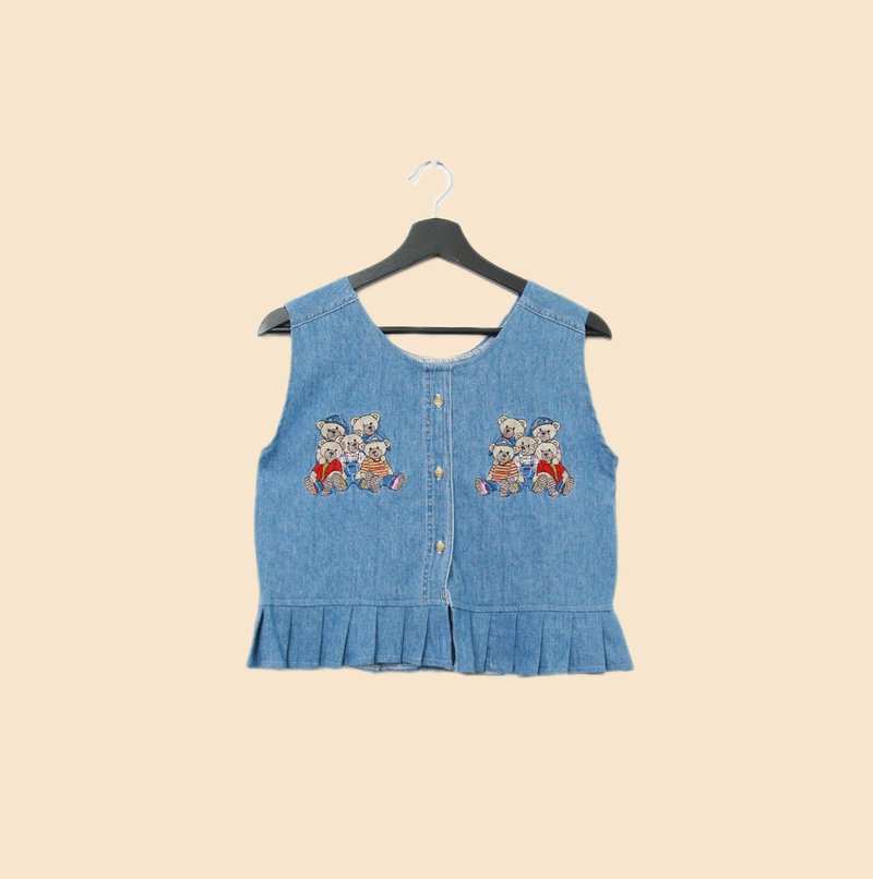 Back to Green-丹宁刺绣背心 小熊家族 dv-33//vintage vest - 女装背心 - 棉．麻 