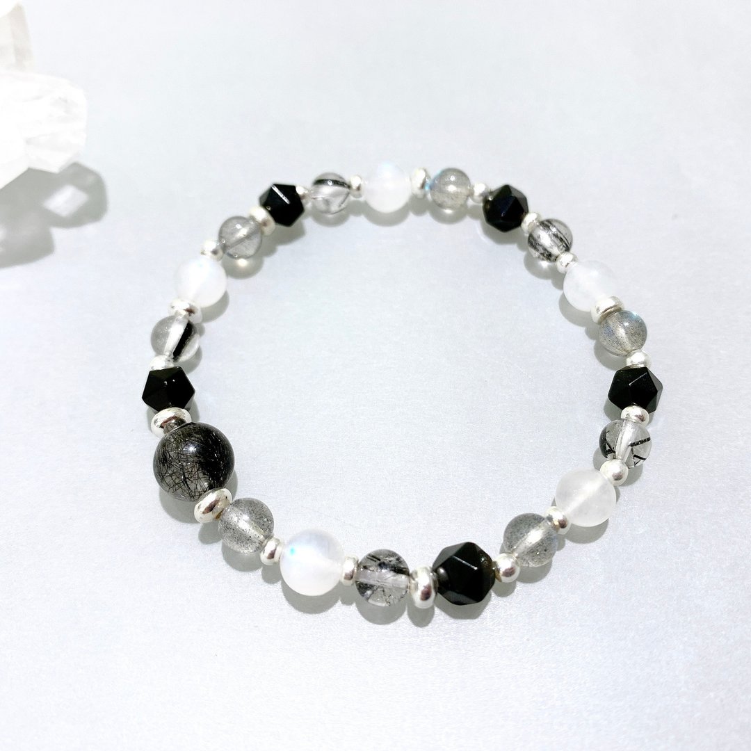 Ops black silver bracelet -黑髪晶/月光石/拉长石/黑曜石/纯银 - 手链/手环 - 其他金属 黑色