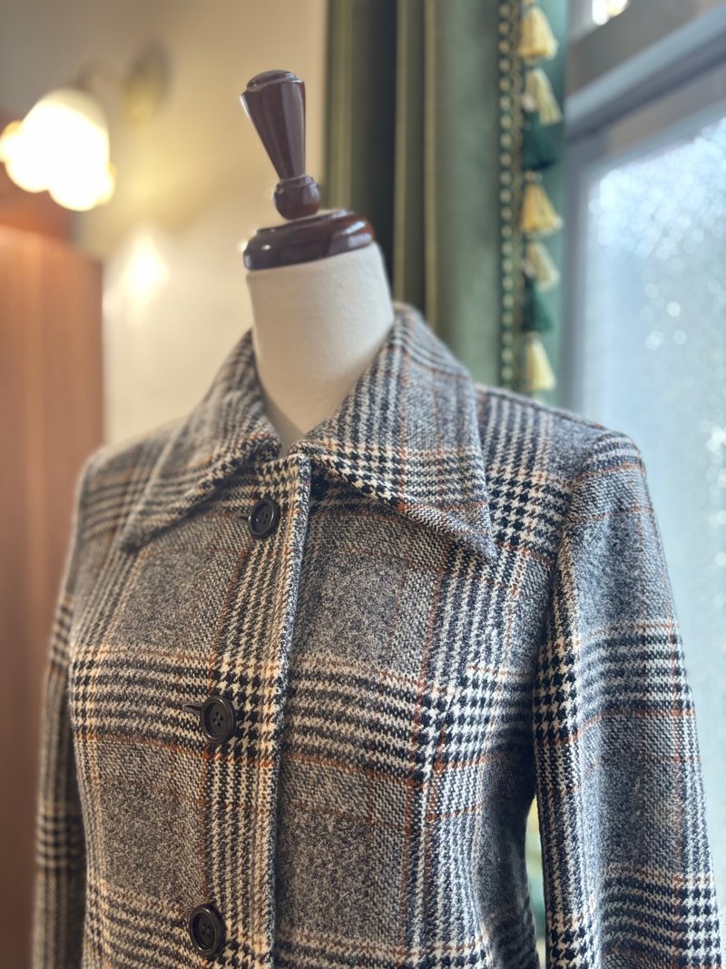 英伦格纹古着大衣 - 女装休闲/机能外套 - 羊毛 卡其色