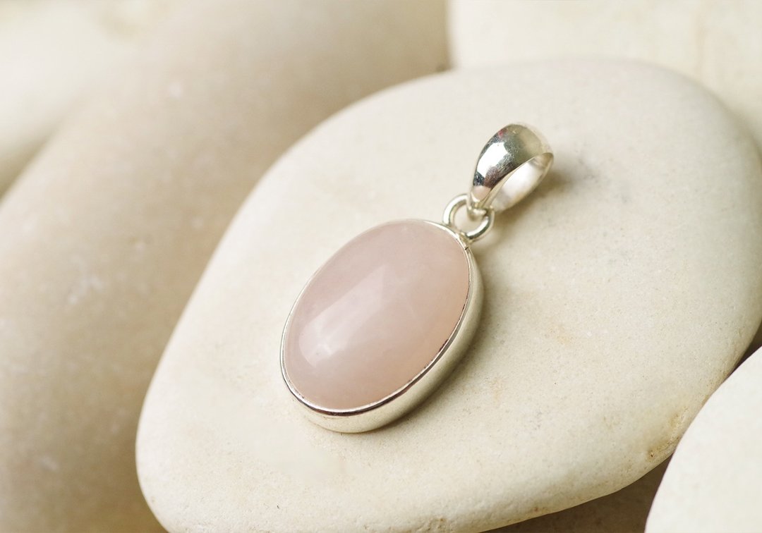 Rose Quartz Pendant Top - Gemstone Pendant Necklace - 项链 - 纯银 粉红色