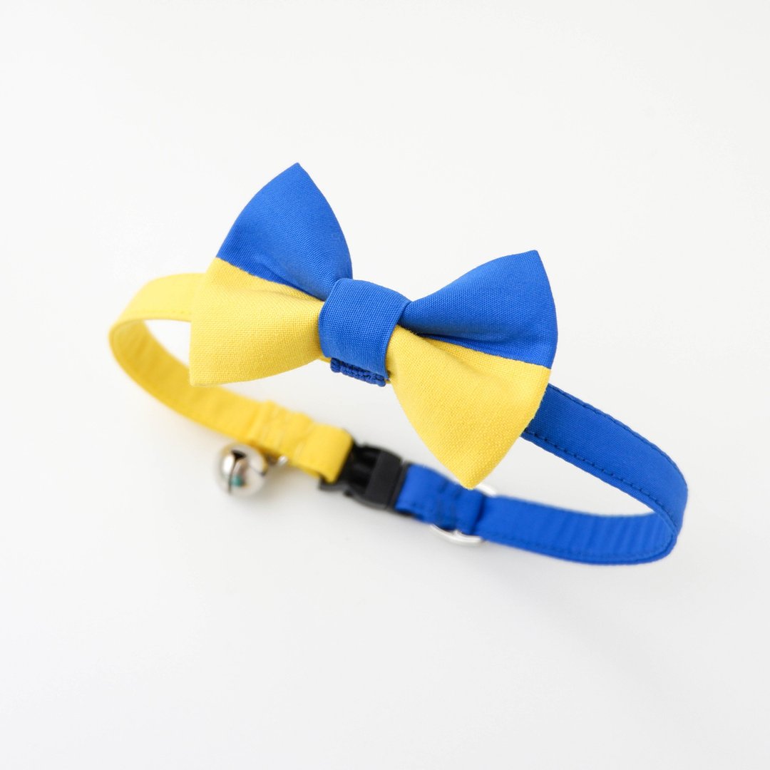 Personalized Bow Tie Cat Collar Set - Blue &amp; Yellow - Two tone cat collar - 项圈/牵绳 - 棉．麻 红色