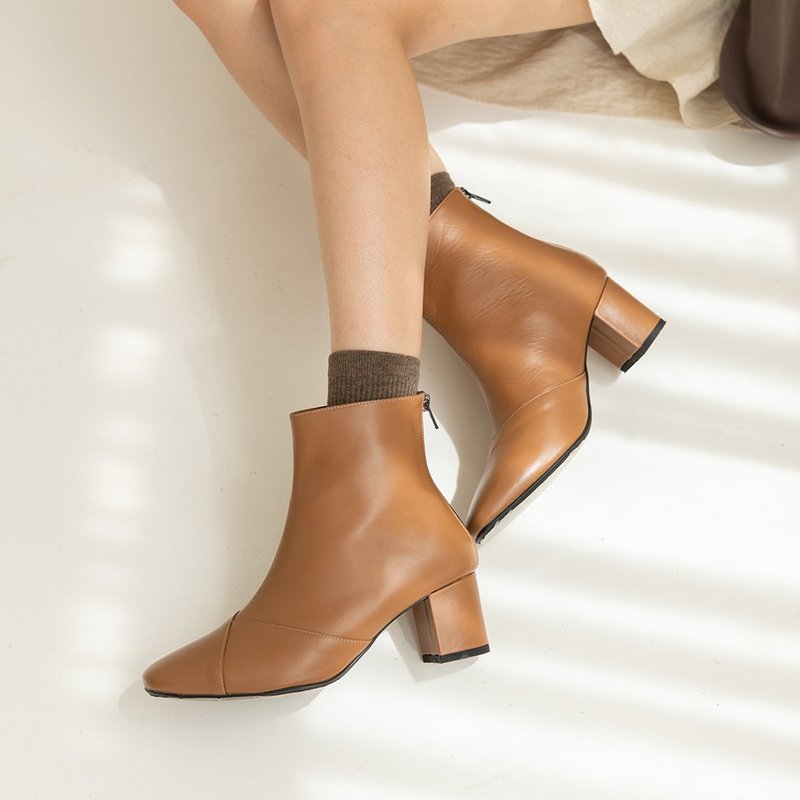 第三人称方头袜靴-焦茶色 - 女款长靴 - 真皮 咖啡色