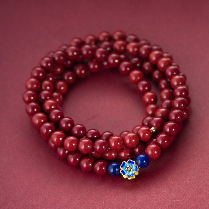 朱砂青金石14K包金佛珠手链 | 108念珠手链 | 925纯银鎏金化太岁 - 手链/手环 - 宝石 红色