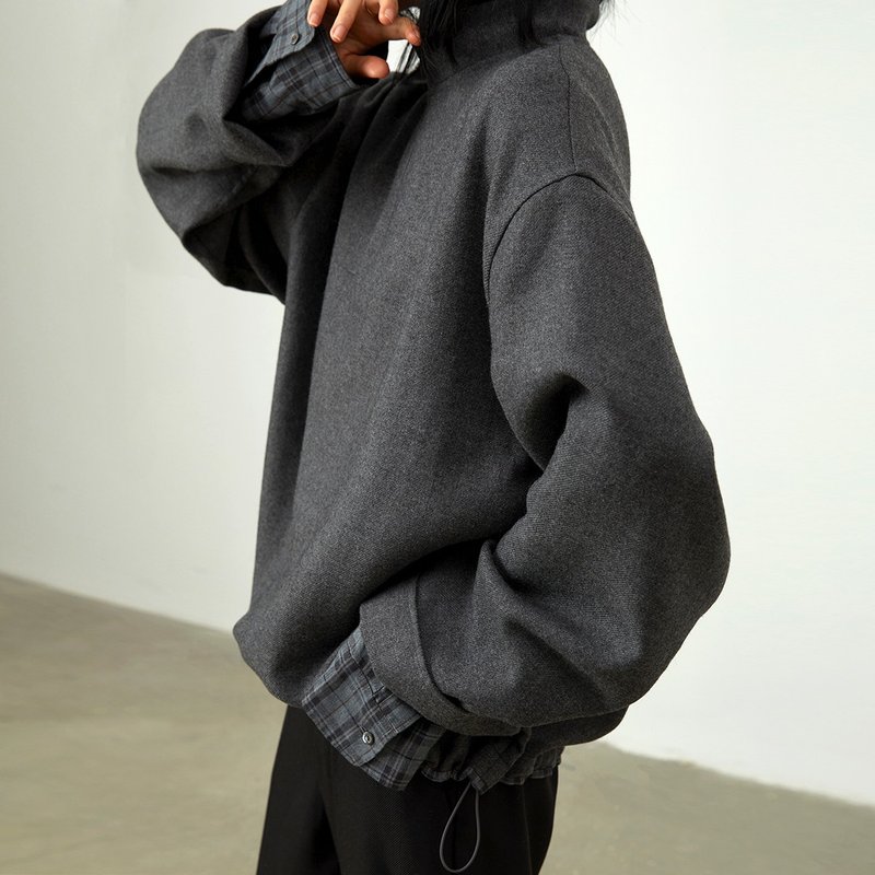 灰羊毛料立领半开拉链格纹套袖收下摆卫衣式上衣外套 杲果GAOGUO - 女装上衣 - 羊毛 灰色