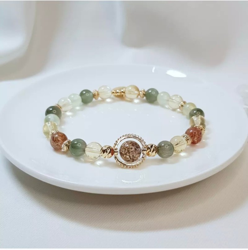 【严选】黑金超七 绿发晶 黄水晶 葡萄石 天然石手链 - 手链/手环 - 宝石 黄色