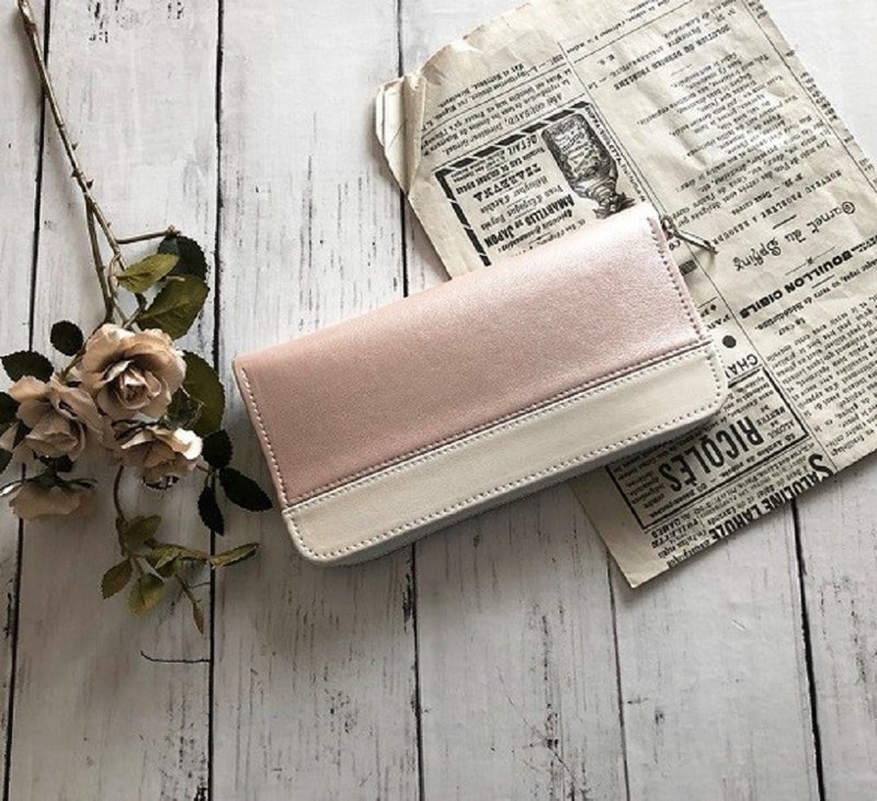 Pink gold round zipper long wallet metallic pink - 皮夹/钱包 - 防水材质 粉红色