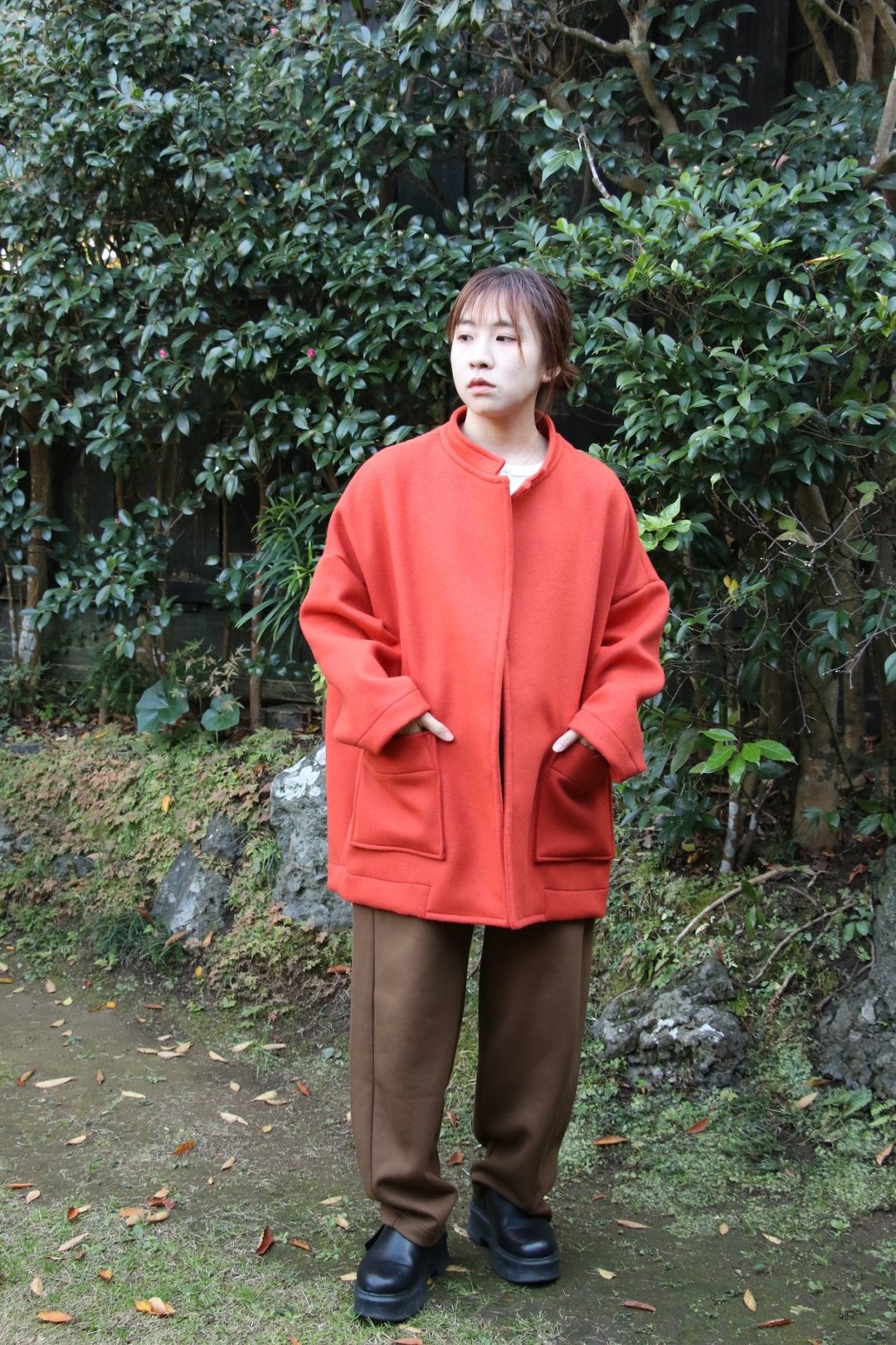压克力毛料领带领大衣 (橘色) - 女装休闲/机能外套 - 棉 橘色