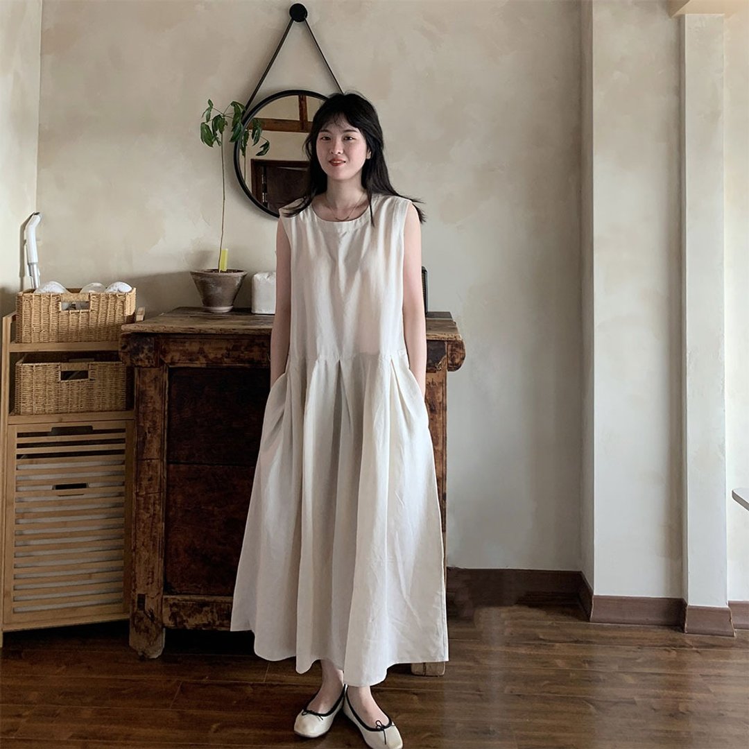 亞麻棉麻大擺無袖裙 / 簡約純色日系復古 / 高級質感寬鬆背心裙 - 洋装/连衣裙 - 棉 白色