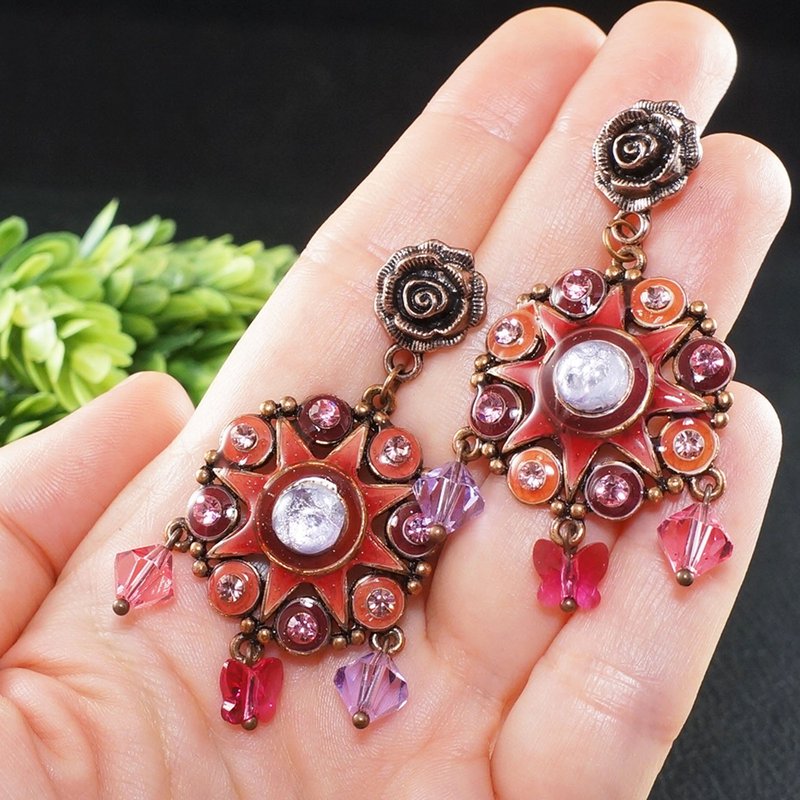 Pink Cherry Red Fuchsia Swarovski Crystal Enamel Large Long Earrings Jewelry - 耳环/耳夹 - 水晶 粉红色